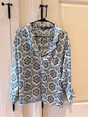 Zara White Floral Print Long-Sleeve Blouse with Blue & Green Accents